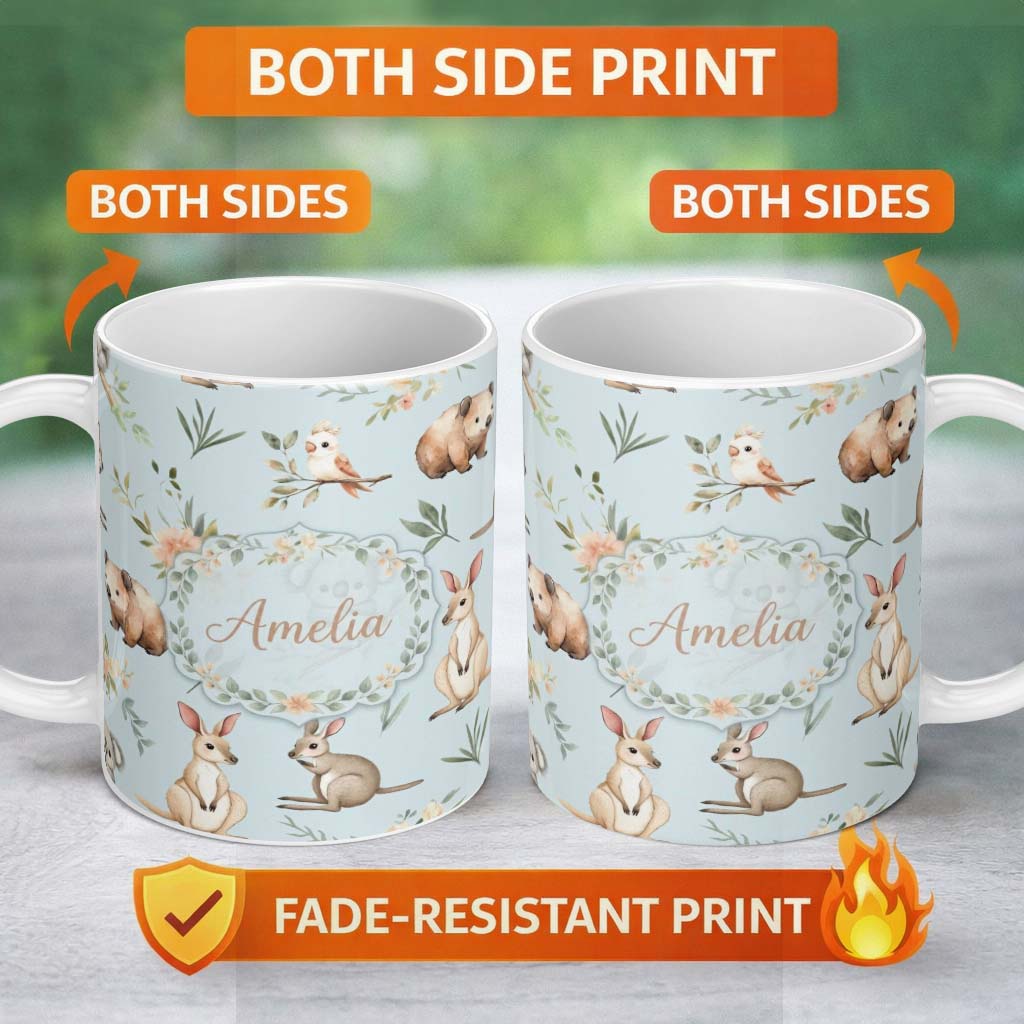 Personalized Custom Name Woodland Animals Koala Kangaroo Bear Floral Dusty Blue Seamless 11oz Ceramic Coffee Tea Mug White Large Handle