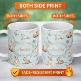 Personalized Custom Name Woodland Animals Koala Kangaroo Bear Floral Dusty Blue Seamless 11oz Ceramic Coffee Tea Mug White Large Handle