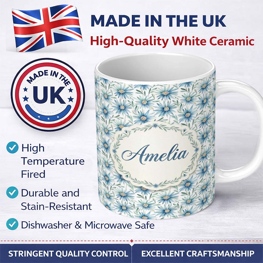Personalized Custom Name Cool Blue Daisy Style Floral Seamless Pattern Charming Kitchen Decor 11oz Ceramic Coffee Tea Mug White Large Handle