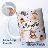 Personalized Custom Name Cute Halloween Teddy Bears Mummy Witch Cat Pumpkin Stars Purple 11oz Ceramic Coffee Tea Mug White Large Handle