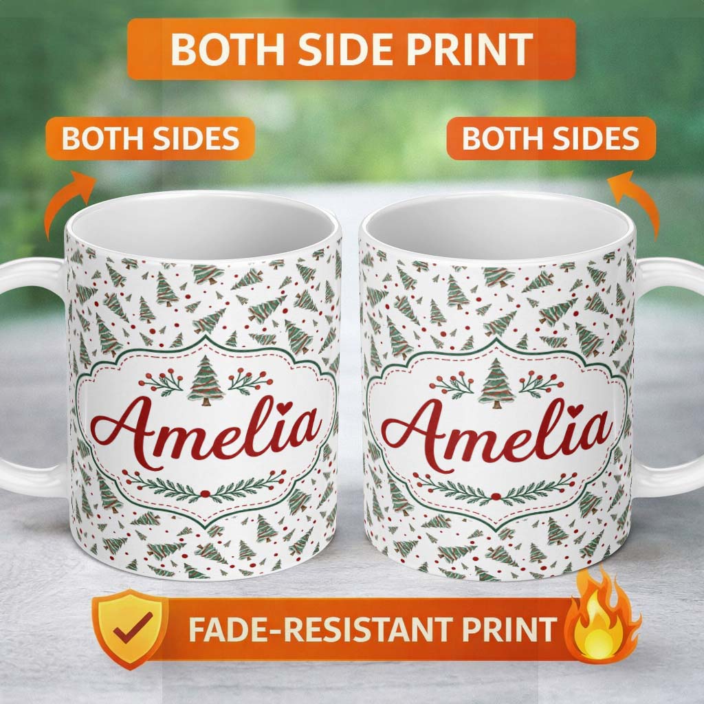Personalized Custom Name Watercolor Christmas Trees Red Dots Winter Seamless Pattern Lovely 11oz Ceramic Coffee Tea Mug White Large Handle