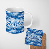 Personalized Custom Name Watercolor Blue Camouflage Artistic Seamless Pattern Lovely 11oz Ceramic Coffee Tea Mug White Large Handle