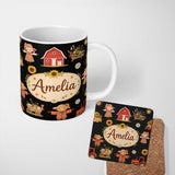 Personalized Custom Name Cute Autumn Scarecrow Barn Flowers Seamless Pattern Black Background 11oz Ceramic Coffee Tea Mug White Large Handle