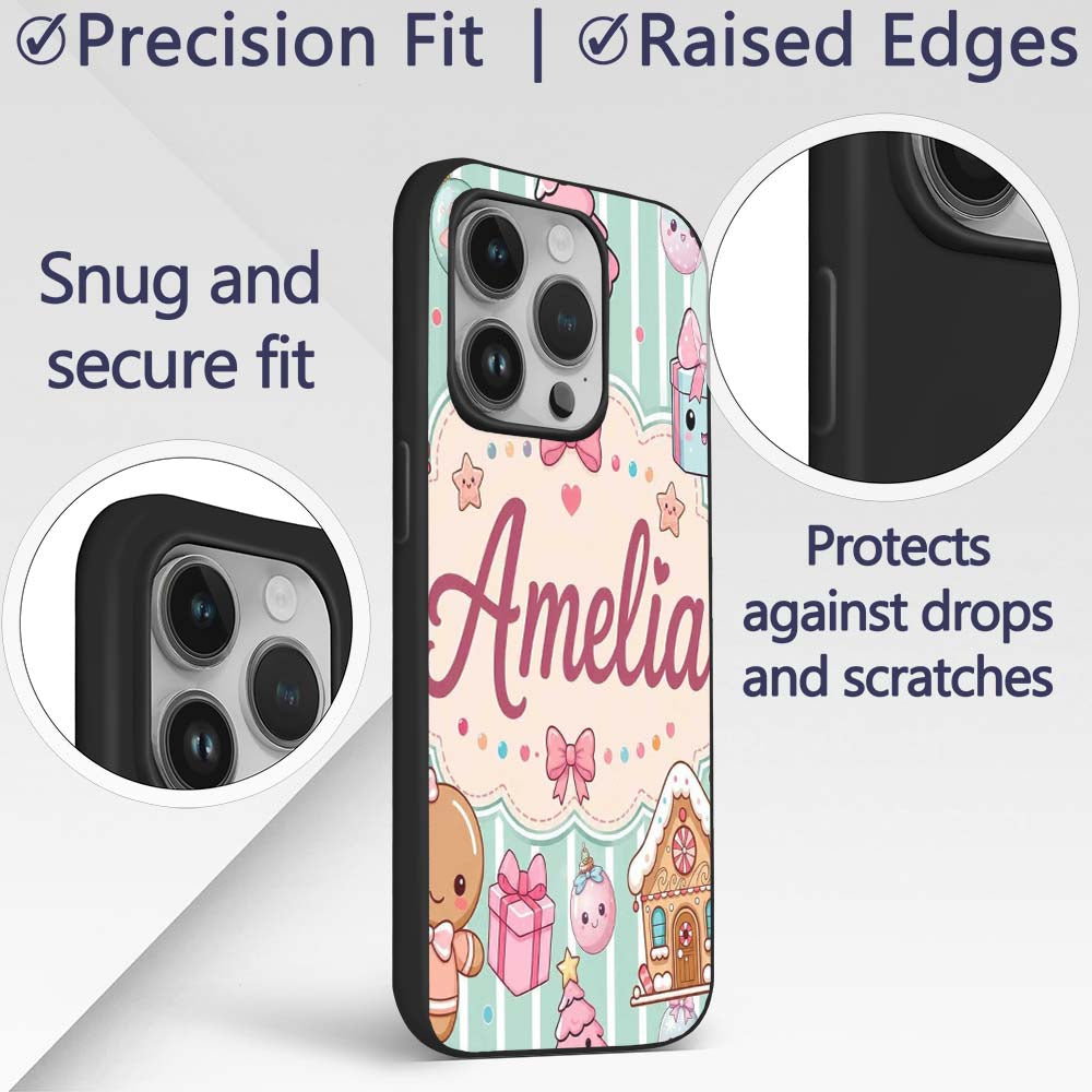 Cute Christmas Gingerbread Candy House Gifts Custom Name Protective Phone Case Mobile Cover Durable Everyday Smartphone Shock Resistant