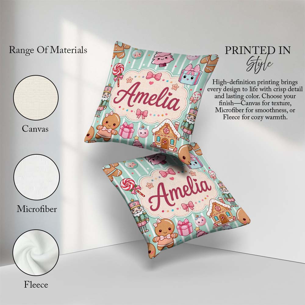 Custom Name Cute Christmas Candy House Gifts Pattern Teal Stripe Square Filled Cushion Throw Pillow Sofa Bed Home Decor Zip Washable UK Made