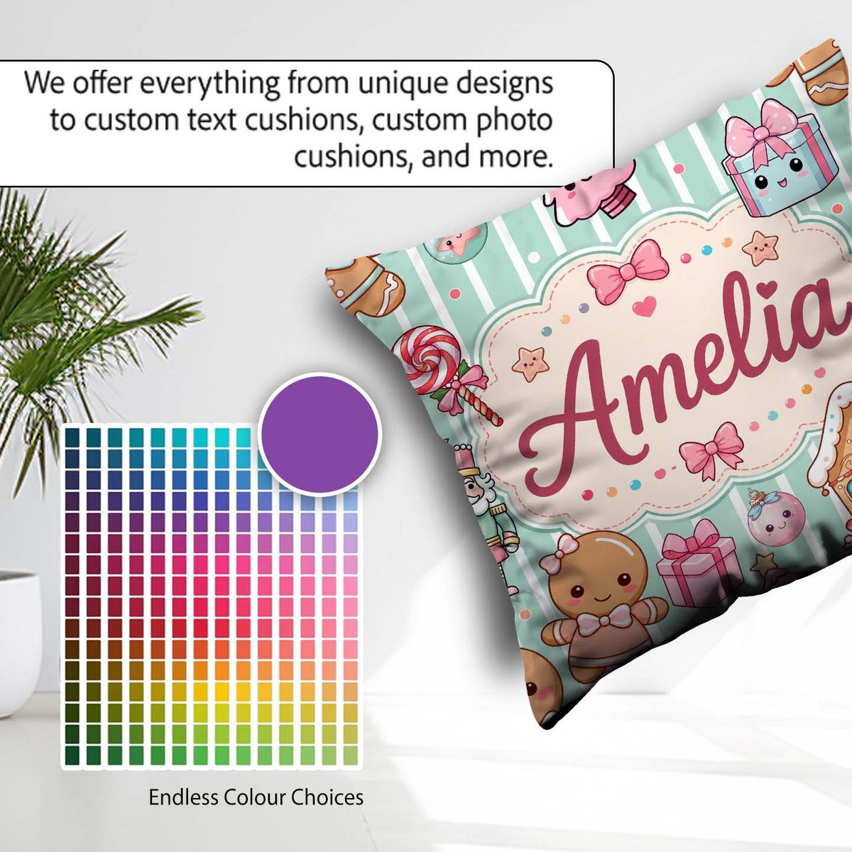 Custom Name Cute Christmas Candy House Gifts Pattern Teal Stripe Square Filled Cushion Throw Pillow Sofa Bed Home Decor Zip Washable UK Made