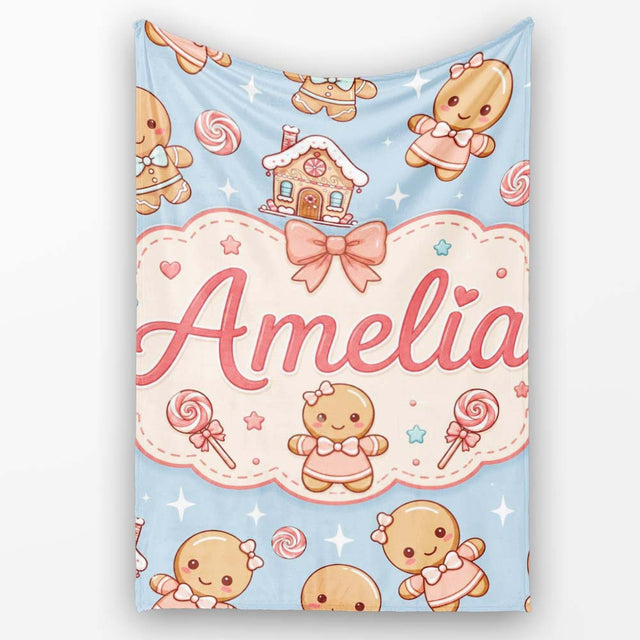 Cute Christmas Gingerbread Candy House Gifts Seamless Pattern Blue  Personalised Custom Name Super Soft Fleece Blanket Bed Sofa Throw