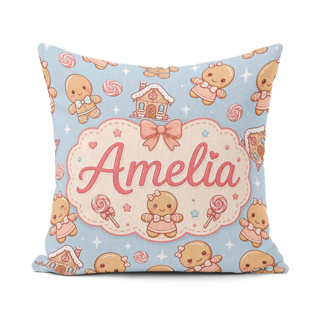 Custom Name Christmas Gingerbread Candy House Gifts Pattern Blue Square Filled Cushion Throw Pillow Sofa Bed Home Decor Zip Washable UK Made
