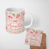 Personalized Custom Name Cute Strawberry Cherry Ribbon Bow Sweet Dessert Pattern Pale Pink 11oz Ceramic Coffee Tea Mug White Large Handle