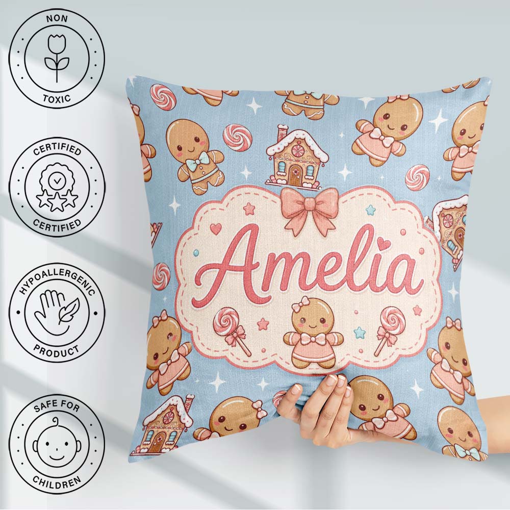 Custom Name Christmas Gingerbread Candy House Gifts Pattern Blue Square Filled Cushion Throw Pillow Sofa Bed Home Decor Zip Washable UK Made