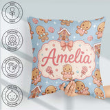 Custom Name Christmas Gingerbread Candy House Gifts Pattern Blue Square Filled Cushion Throw Pillow Sofa Bed Home Decor Zip Washable UK Made