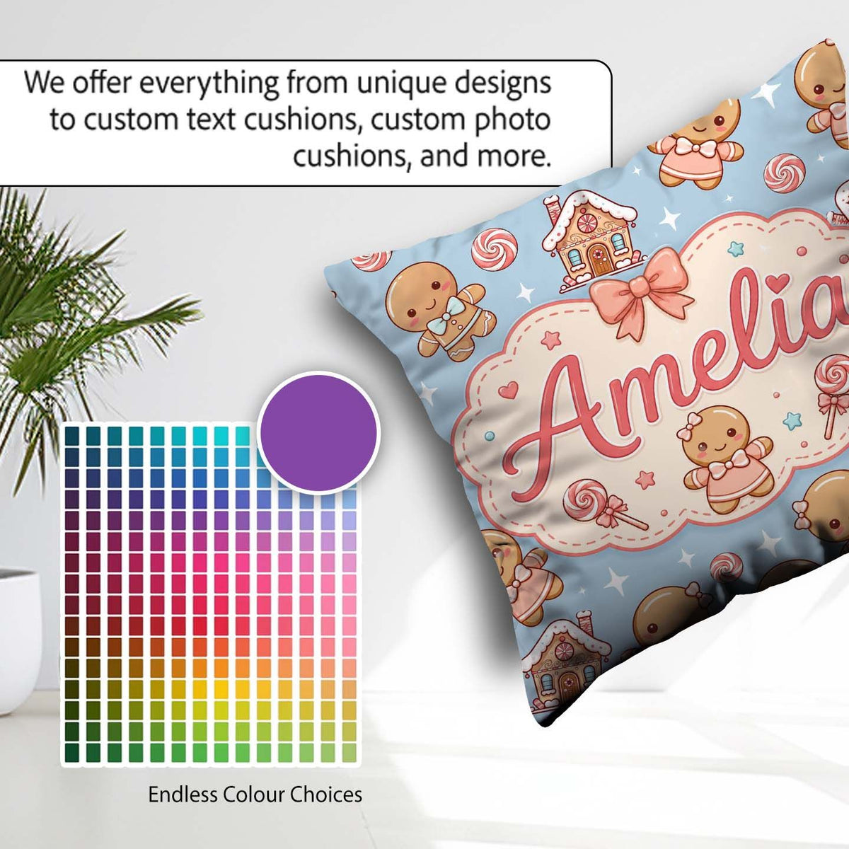 Custom Name Christmas Gingerbread Candy House Gifts Pattern Blue Square Filled Cushion Throw Pillow Sofa Bed Home Decor Zip Washable UK Made