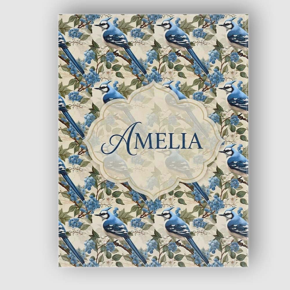 Personalised Name Blue Jay Bird Berry Branch Seamless Pattern Winter Custom  Home Canvas Wall Art Print Decor Picture Ready to Hang