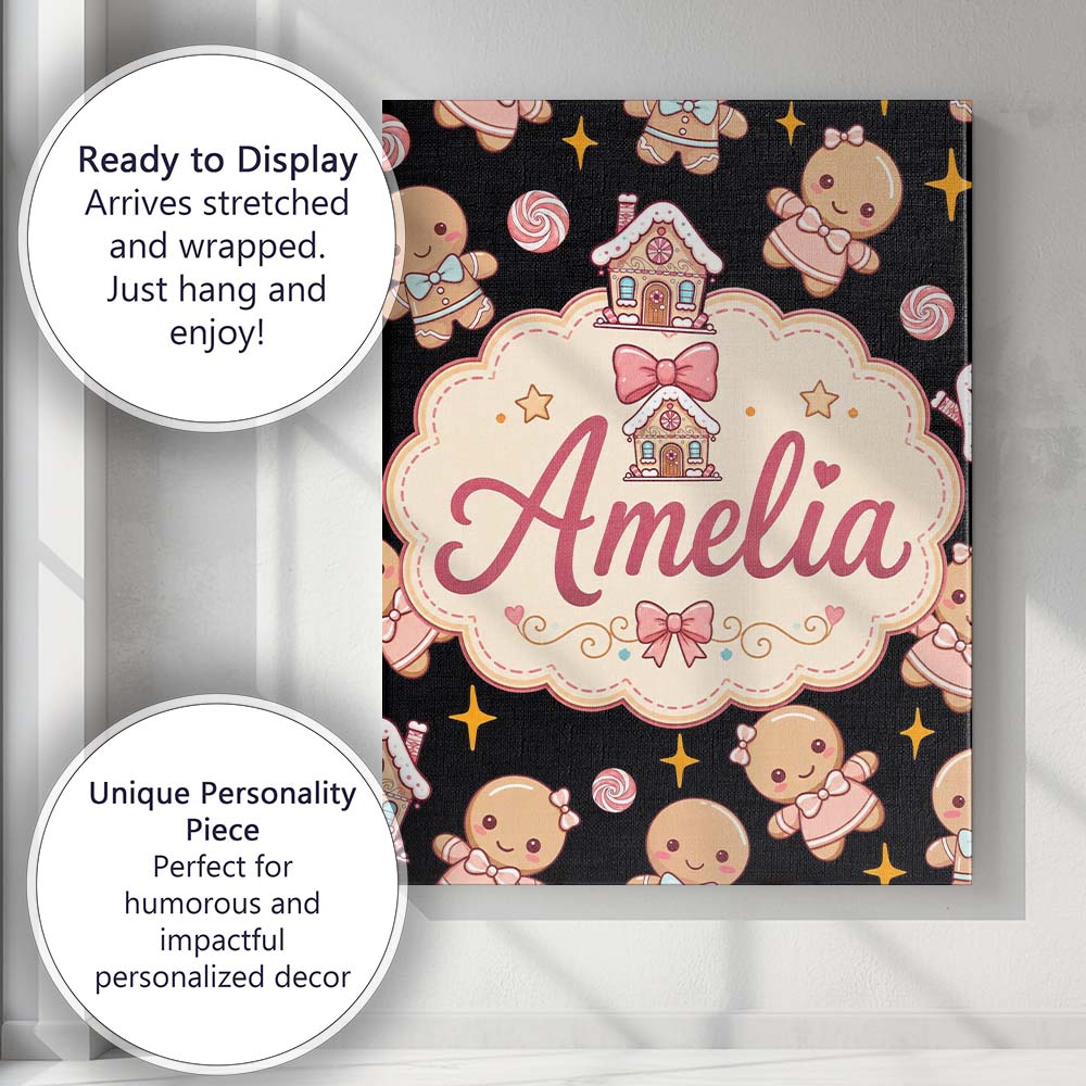 Personalised Name Cute Christmas Gingerbread Custom Bespoke  Contemporary Display Canvas Wall Art Print Decor Picture Ready to Hang