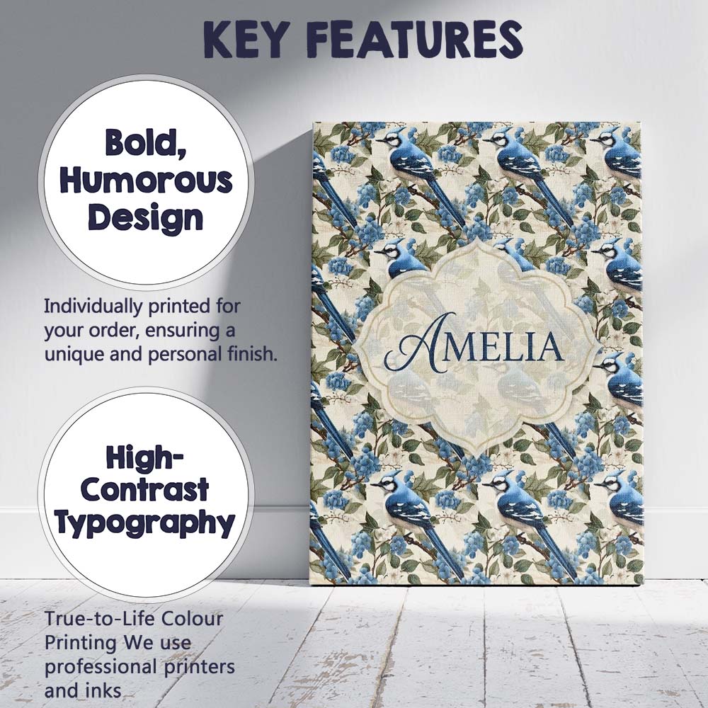 Personalised Name Blue Jay Bird Berry Branch Seamless Pattern Winter Custom  Home Canvas Wall Art Print Decor Picture Ready to Hang