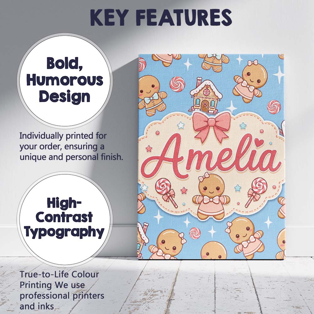 Personalised Name Cute Christmas Gingerbread Custom Bespoke  Contemporary Display Canvas Wall Art Print Decor Picture Ready to Hang