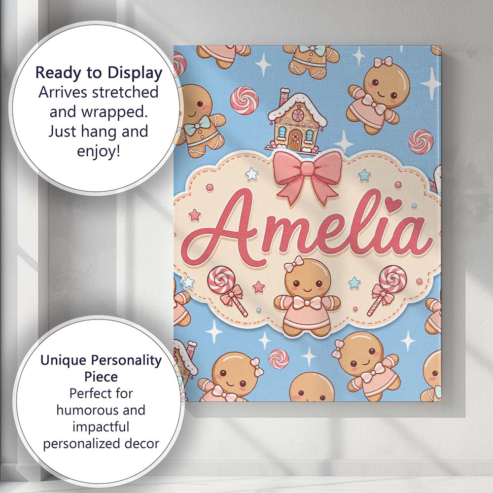 Personalised Name Cute Christmas Gingerbread Custom Bespoke  Contemporary Display Canvas Wall Art Print Decor Picture Ready to Hang