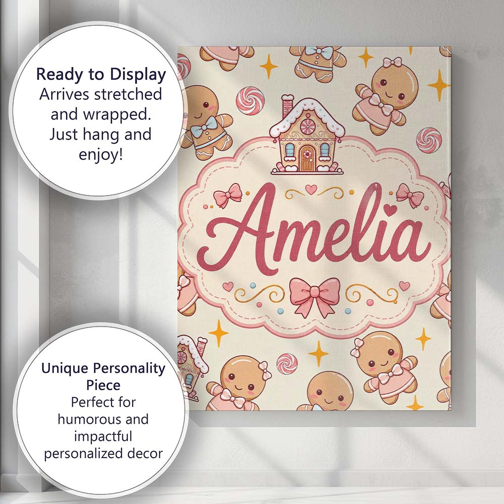 Personalised Name Cute Christmas Gingerbread Custom Bespoke  Contemporary Display Canvas Wall Art Print Decor Picture Ready to Hang