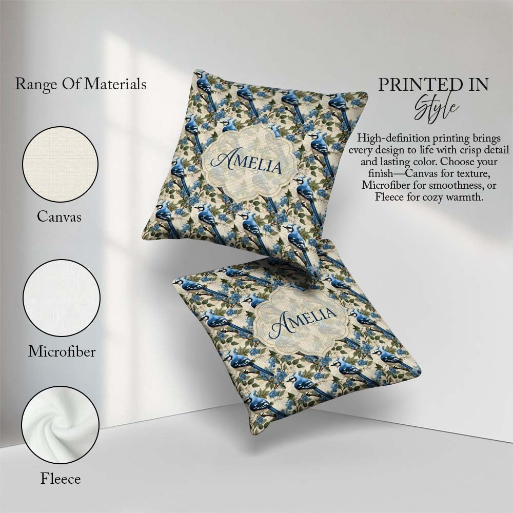 Custom Name Blue Jay Bird Berry Branch Seamless Winter Botanical Square Filled Cushion Throw Pillow Sofa Bed Home Decor Zip Washable UK Made