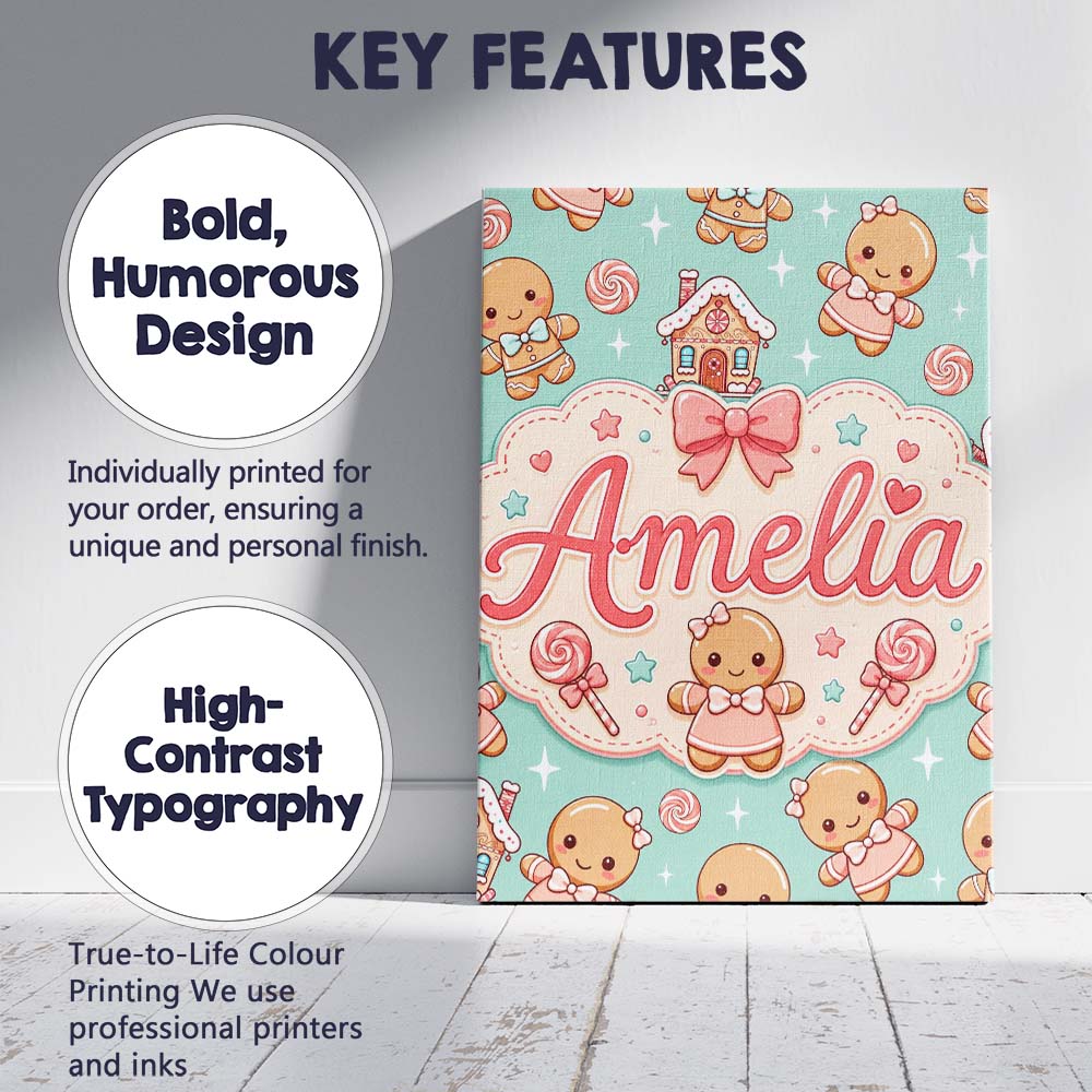 Personalised Name Cute Christmas Gingerbread Custom Bespoke  Contemporary Display Canvas Wall Art Print Decor Picture Ready to Hang