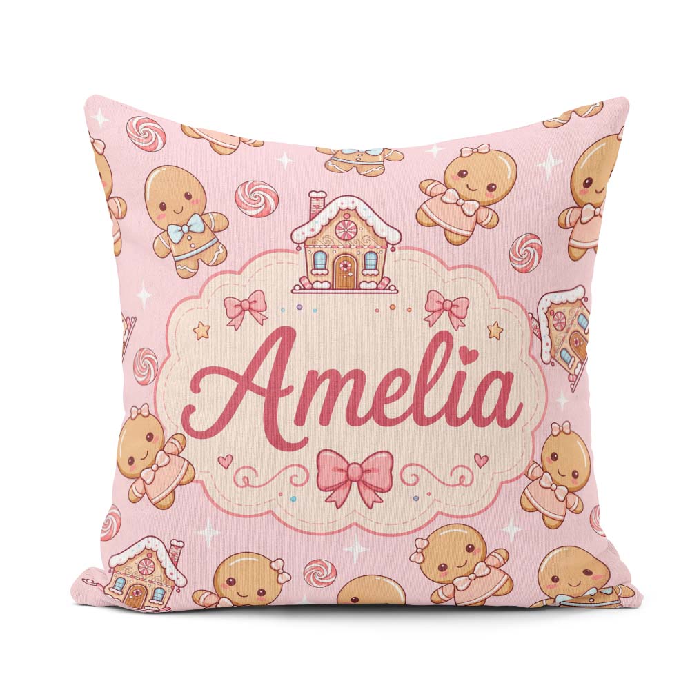 Custom Name Cute Gingerbread Characters Candy House Light Pink Square Filled Cushion Throw Pillow Sofa Bed Home Decor Zip Washable UK Made