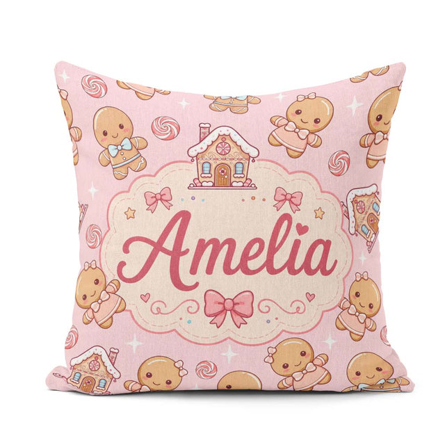 Custom Name Cute Gingerbread Characters Candy House Light Pink Square Filled Cushion Throw Pillow Sofa Bed Home Decor Zip Washable UK Made