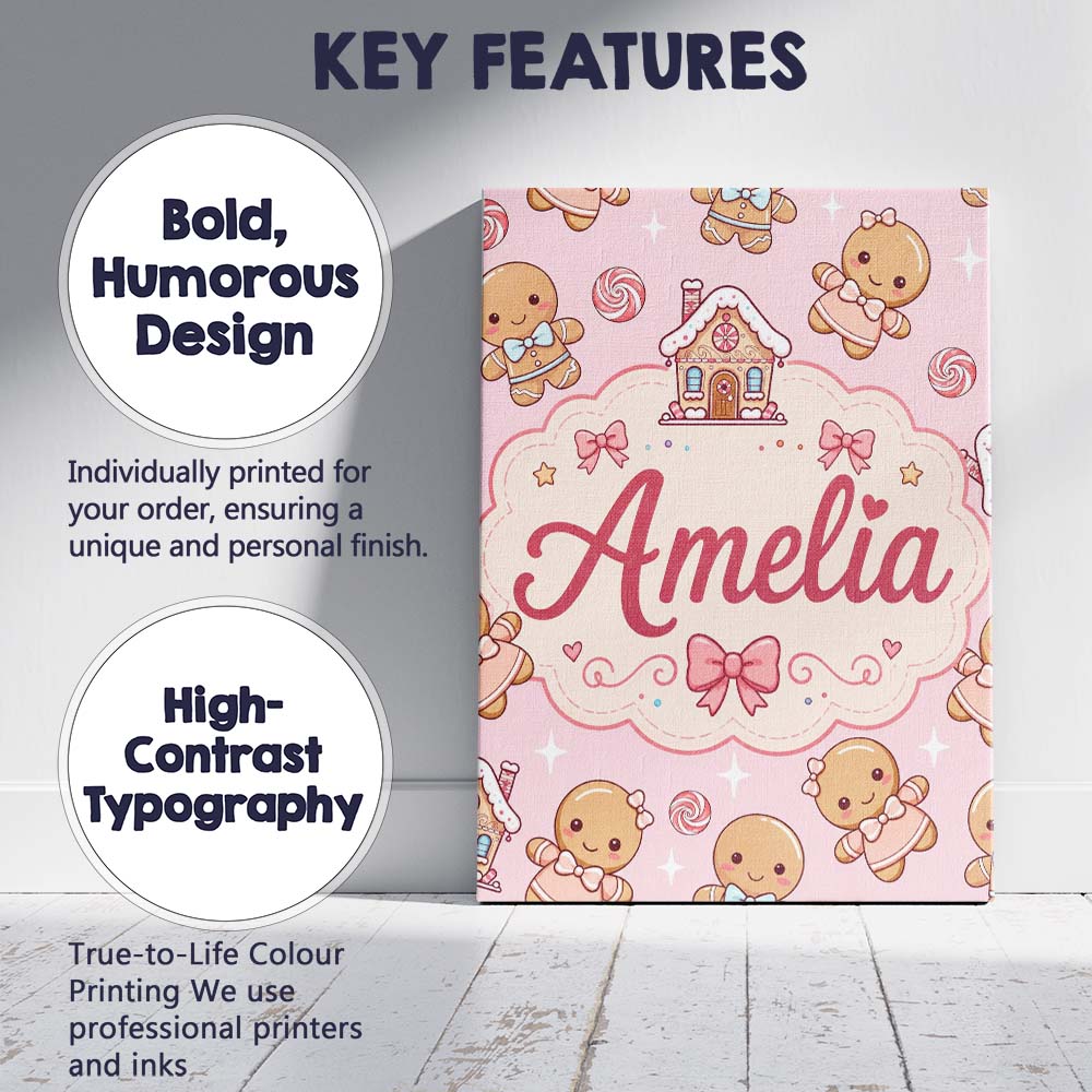 Personalised Name Cute Christmas Gingerbread Custom Bespoke  Contemporary Display Canvas Wall Art Print Decor Picture Ready to Hang