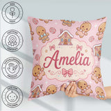 Custom Name Cute Gingerbread Characters Candy House Light Pink Square Filled Cushion Throw Pillow Sofa Bed Home Decor Zip Washable UK Made