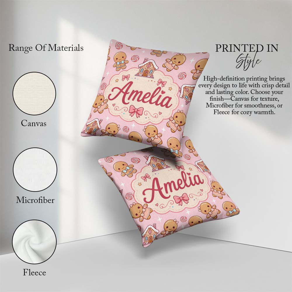 Custom Name Cute Gingerbread Characters Candy House Light Pink Square Filled Cushion Throw Pillow Sofa Bed Home Decor Zip Washable UK Made