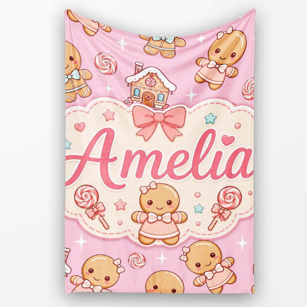 Cute Christmas Gingerbread Characters Candy House Pattern Soft Pink  Personalised Custom Name Super Soft Fleece Blanket Bed Sofa Throw