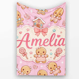 Cute Christmas Gingerbread Characters Candy House Pattern Soft Pink  Personalised Custom Name Super Soft Fleece Blanket Bed Sofa Throw