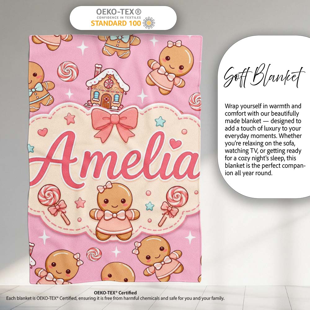 Cute Christmas Gingerbread Characters Candy House Pattern Soft Pink  Personalised Custom Name Super Soft Fleece Blanket Bed Sofa Throw