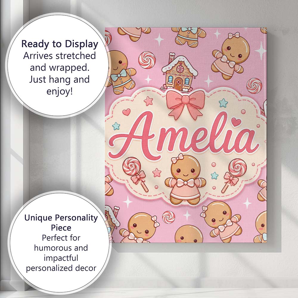 Personalised Name Cute Christmas Gingerbread Custom Bespoke  Contemporary Display Canvas Wall Art Print Decor Picture Ready to Hang