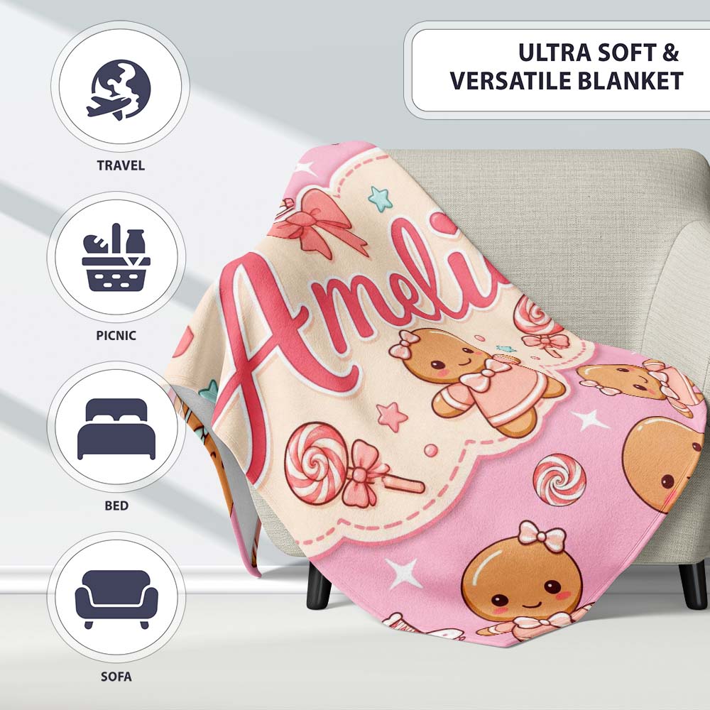 Cute Christmas Gingerbread Characters Candy House Pattern Soft Pink  Personalised Custom Name Super Soft Fleece Blanket Bed Sofa Throw