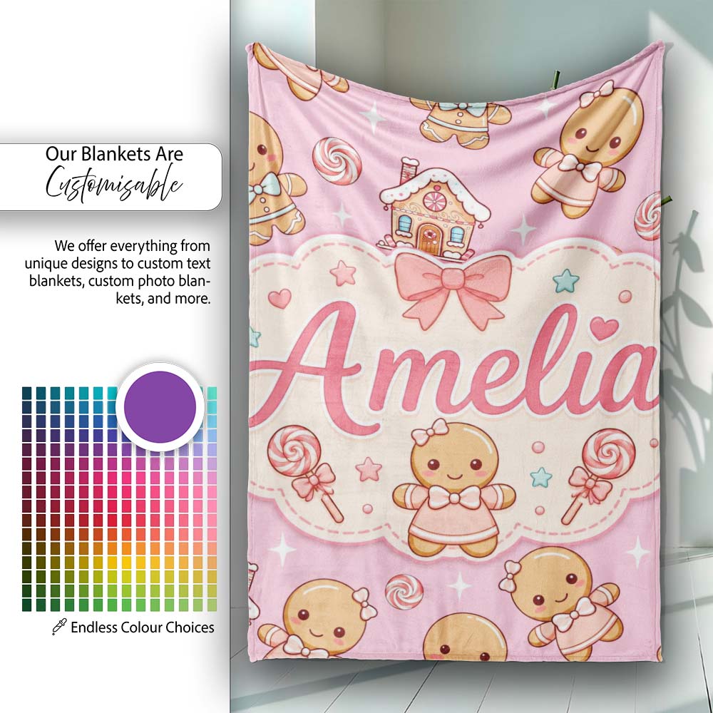 Cute Christmas Gingerbread Characters Candy House Pattern Soft Pink  Personalised Custom Name Super Soft Fleece Blanket Bed Sofa Throw