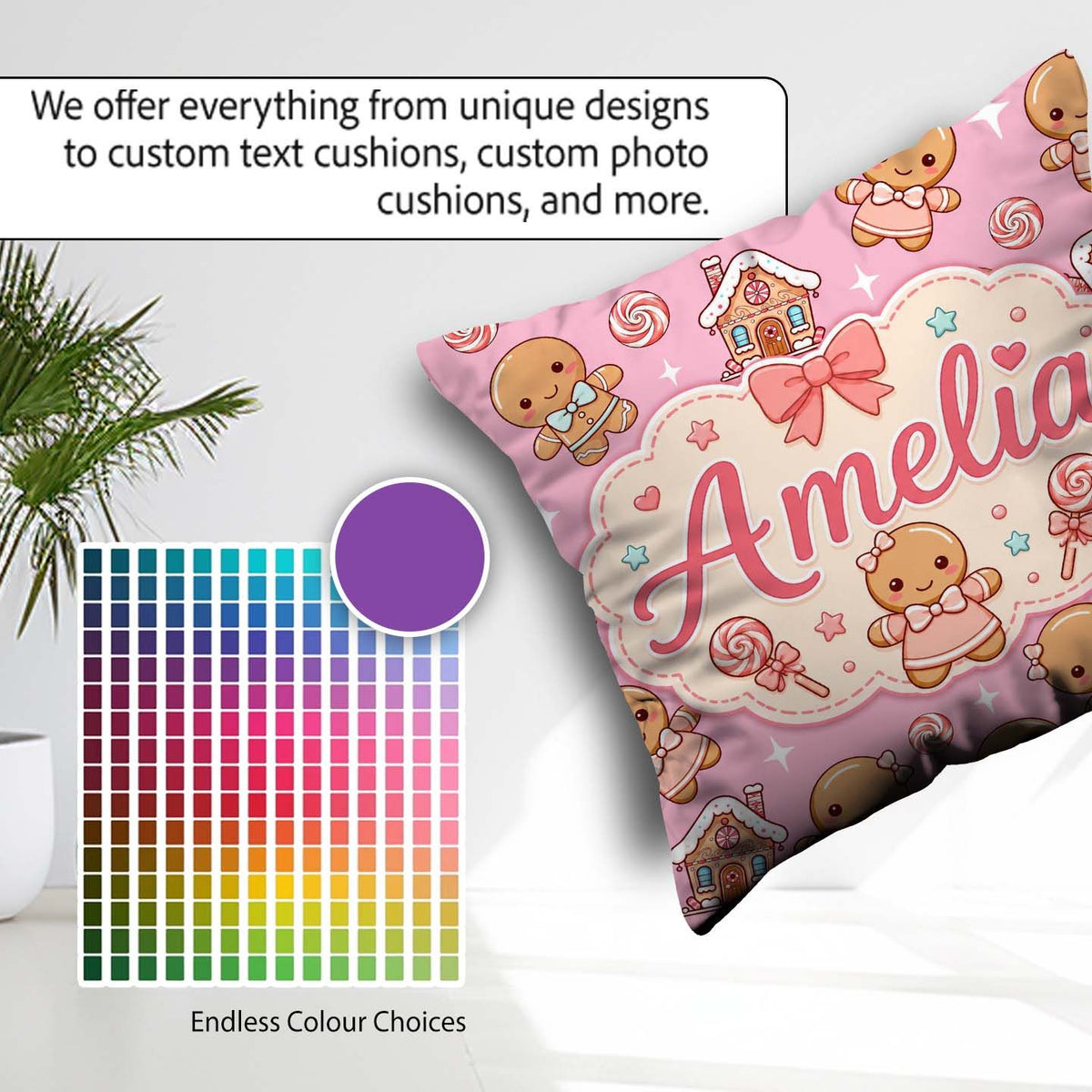 Custom Name Gingerbread Characters Candy House Pattern Soft Pink Square Filled Cushion Throw Pillow Sofa Bed Home Decor Zip Washable UK Made