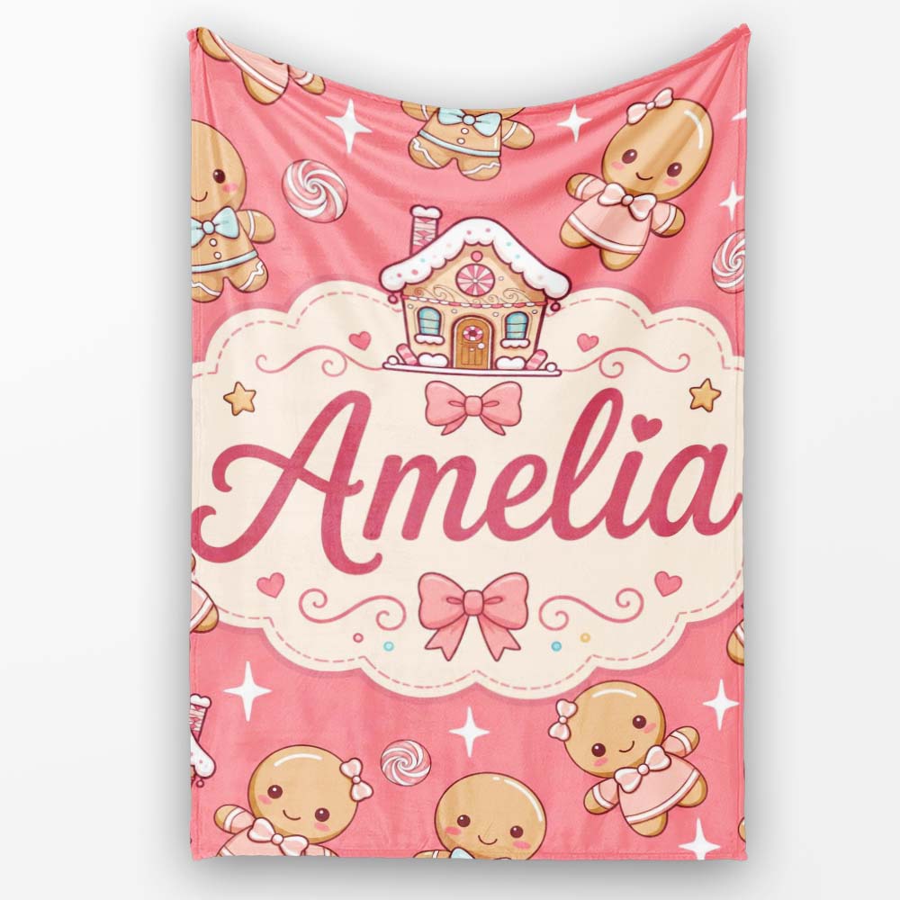 Cute Christmas Gingerbread Characters Candy House Pattern Coral  Personalised Custom Name Super Soft Fleece Blanket Bed Sofa Throw