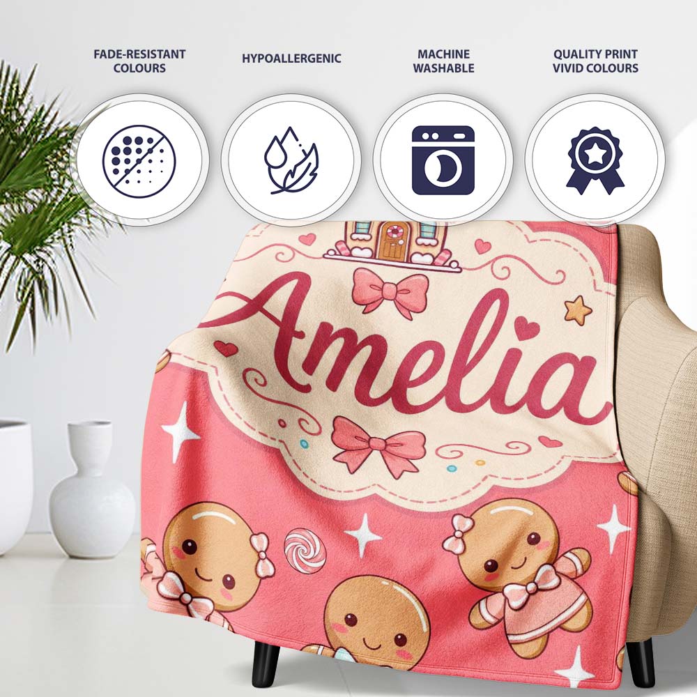 Cute Christmas Gingerbread Characters Candy House Pattern Coral  Personalised Custom Name Super Soft Fleece Blanket Bed Sofa Throw
