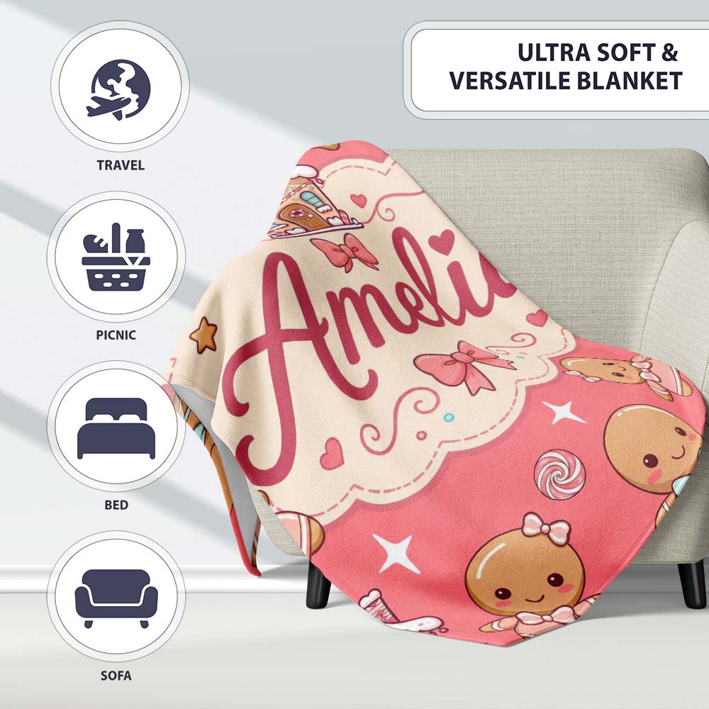 Cute Christmas Gingerbread Characters Candy House Pattern Coral  Personalised Custom Name Super Soft Fleece Blanket Bed Sofa Throw