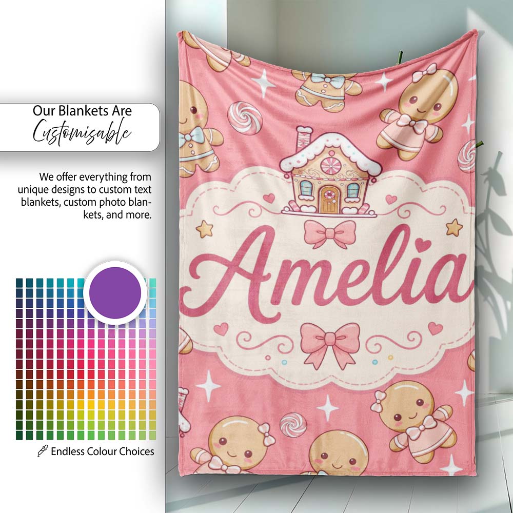 Cute Christmas Gingerbread Characters Candy House Pattern Coral  Personalised Custom Name Super Soft Fleece Blanket Bed Sofa Throw