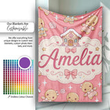 Cute Christmas Gingerbread Characters Candy House Pattern Coral  Personalised Custom Name Super Soft Fleece Blanket Bed Sofa Throw