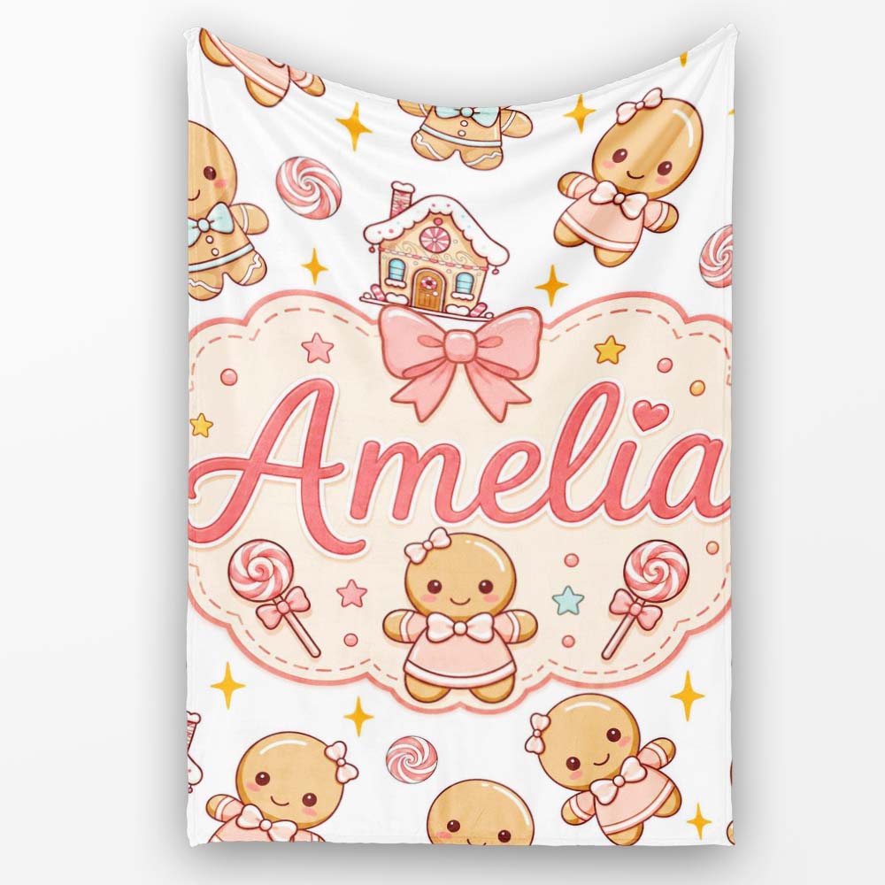 Cute Christmas Gingerbread Characters Candy House White Star Lovely  Personalised Custom Name Super Soft Fleece Blanket Bed Sofa Throw