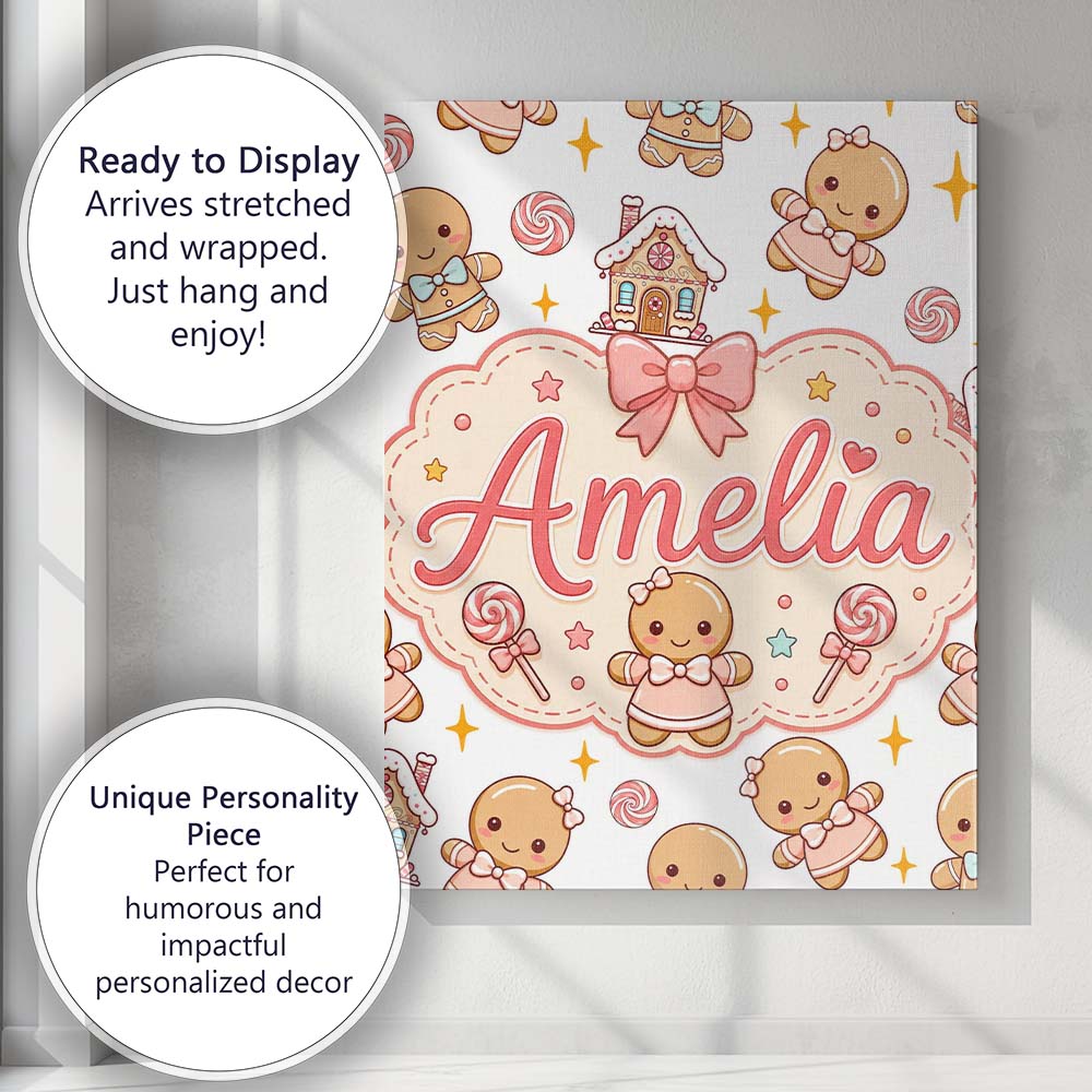 Personalised Name Cute Christmas Gingerbread Custom Bespoke  Contemporary Display Canvas Wall Art Print Decor Picture Ready to Hang