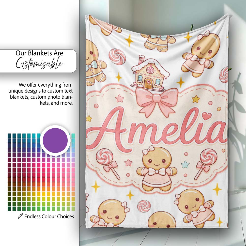 Cute Christmas Gingerbread Characters Candy House White Star Lovely  Personalised Custom Name Super Soft Fleece Blanket Bed Sofa Throw