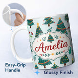 Personalized Custom Name Decorated Christmas Trees Berries Winter Foliage Seamless Pattern 11oz Ceramic Coffee Tea Mug White Large Handle