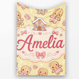 Cute Christmas Gingerbread Characters Candy House Pattern Yellow  Personalised Custom Name Super Soft Fleece Blanket Bed Sofa Throw