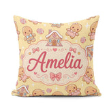 Custom Name Cute Christmas Characters Candy House Pattern Yellow Square Filled Cushion Throw Pillow Sofa Bed Home Decor Zip Washable UK Made