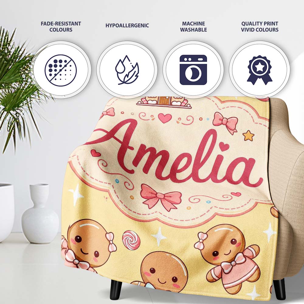 Cute Christmas Gingerbread Characters Candy House Pattern Yellow  Personalised Custom Name Super Soft Fleece Blanket Bed Sofa Throw