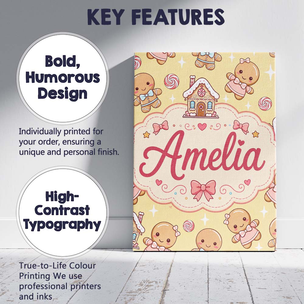 Personalised Name Cute Christmas Gingerbread Custom Bespoke  Contemporary Display Canvas Wall Art Print Decor Picture Ready to Hang