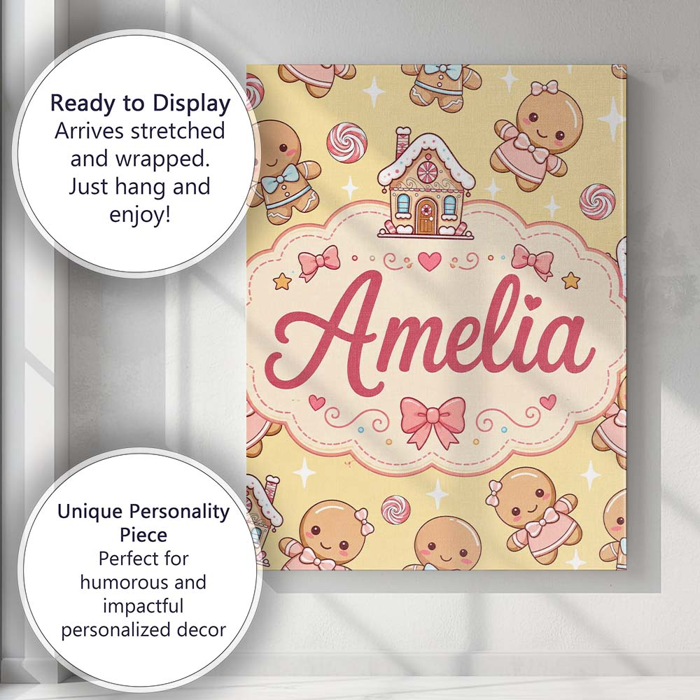 Personalised Name Cute Christmas Gingerbread Custom Bespoke  Contemporary Display Canvas Wall Art Print Decor Picture Ready to Hang